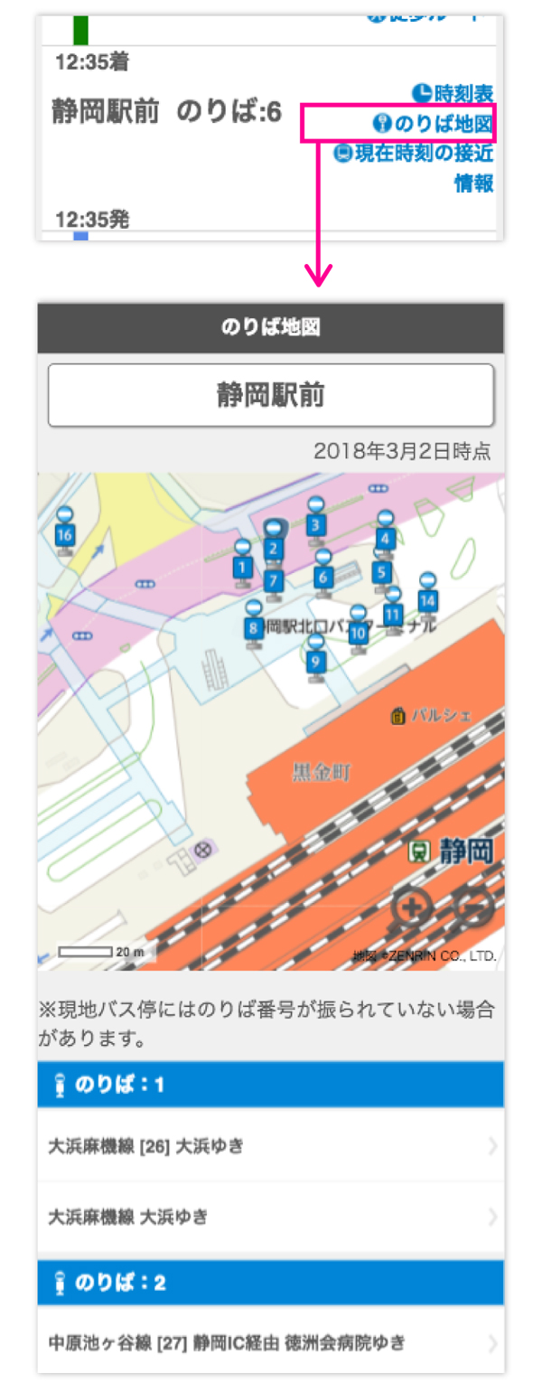 ターミナル駅では、のりば地図を表示